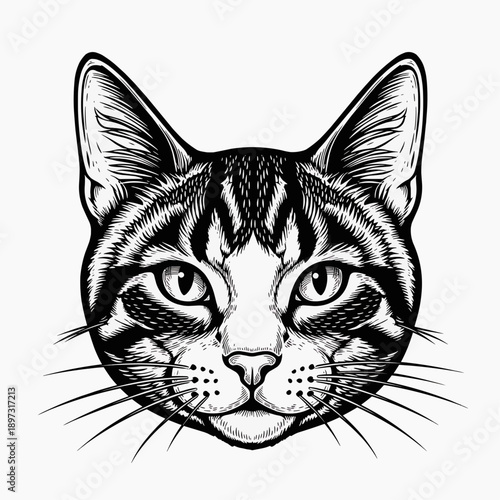 A black and white vector illustration of a cat's face with detailed whiskers and stripes