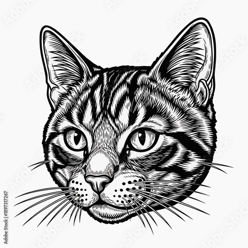 A black and white vector illustration of a tabby cat's face with detailed whiskers and stripes