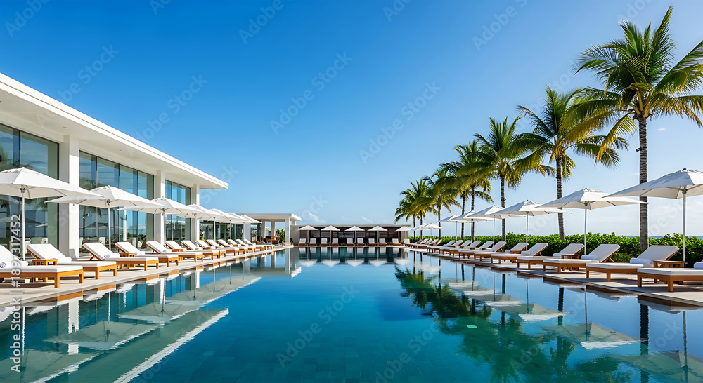 Fototapeta premium Luxurious resort pool with modern amenities and palm trees