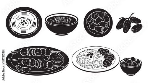 Korean Dishes in Various Bowls and Plates with Black and White Illustrations for Cultural Cuisine