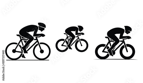 Three racing cyclists silhouettes riding road bicycles in aerodynamic position sports icon set