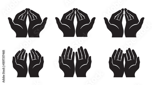 Praying Hands Silhouettes in Various Gestures with Simple White Outlines on Black Background for Spiritual Symbolism