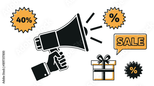 A hand holding megaphone with sale and discount symbols around it