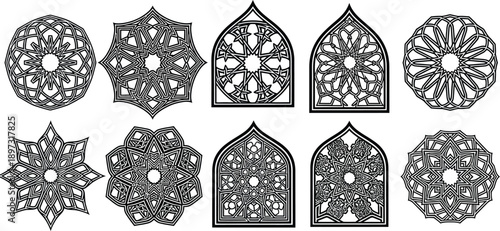 A collection of intricate islamic geometric patterns and arabic arched window designs