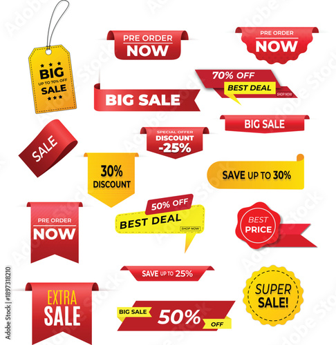 Collection of retail sale labels and discount banners with promotion tags for business marketing and advertising