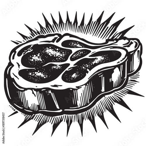 Bold black and white linocut-style graphic of a raw, marbled beef steak radiating energy or flavor, perfect for menus, butcher shops, or culinary art