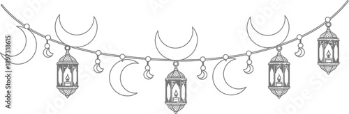 Elegant ramadan string lights with crescent moons and traditional lanterns illustration