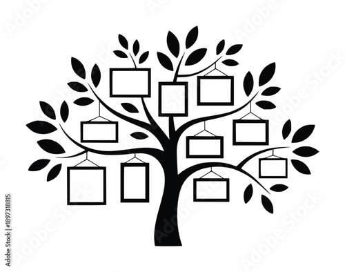Black Silhouette Family Tree with Empty Photo Frames Hanging on Branches