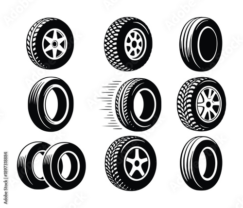Collection of Black and White Tire Icons and Illustrations