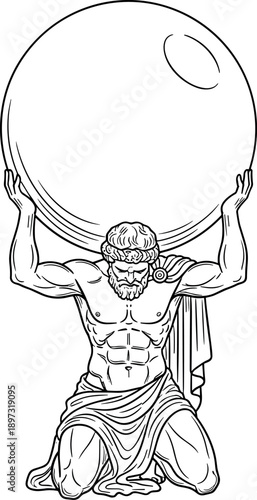 Atlas holding the world illustration in black and white, Greek mythology titan symbol of strength, endurance and burden, detailed classical line art