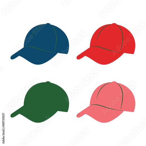Four Colorful Baseball Caps in a Grid Layout