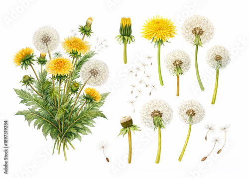 Watercolour dandelions illustration set. Individual elements isolated on white background