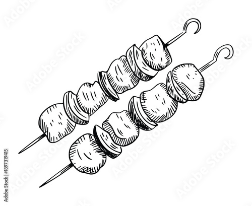 Hand-drawn illustration of two meat skewers on a white background