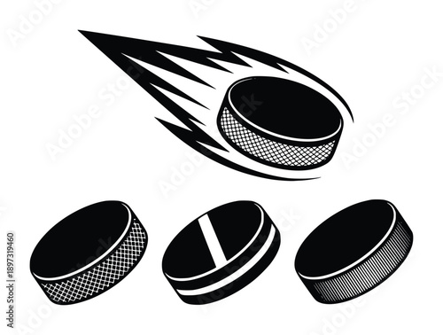Hockey Puck Icons: Flying Puck and Three Variations