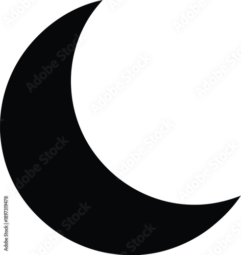 A black crescent moon symbol on a white background