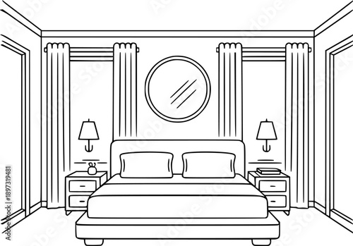 Line Art Illustration of a Modern Bedroom with Bed, Nightstands, Lamps, and Mirror