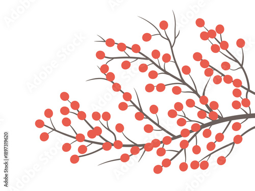 Stylized Red Berries on Branch Against White Background