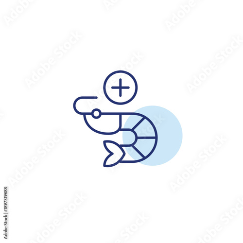 Shrimp plus. Adding seafood protein, dish upgrade. Pixel perfect, editable stroke vector icon