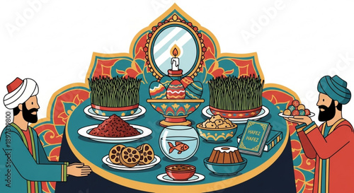 Two men celebrating nowruz with traditional haft seen table setting food and decorations