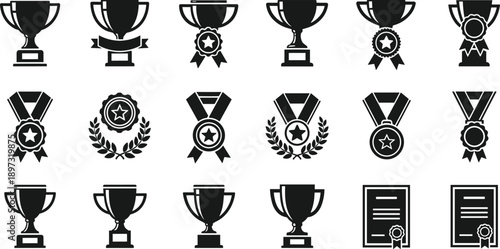 Achievement trophies icons, award cups medals certificates, victory success competition prizes, championship winners, reward symbols, black silhouettes, isolated white background
