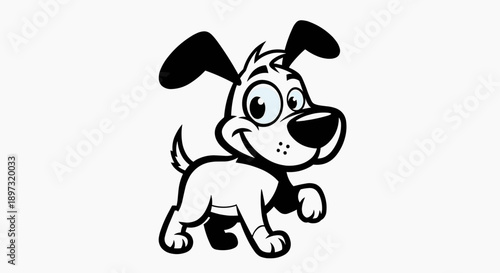 A cute cartoon dog with big ears and a happy expression in a minimalist black and white vector illustration