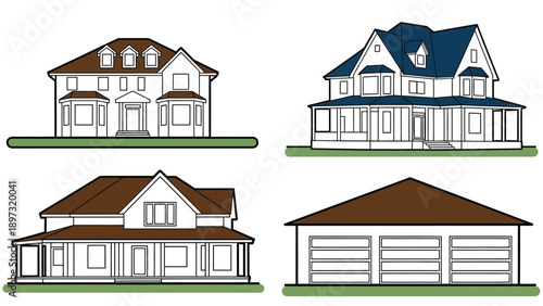 Four different house designs with various roof styles and garage options