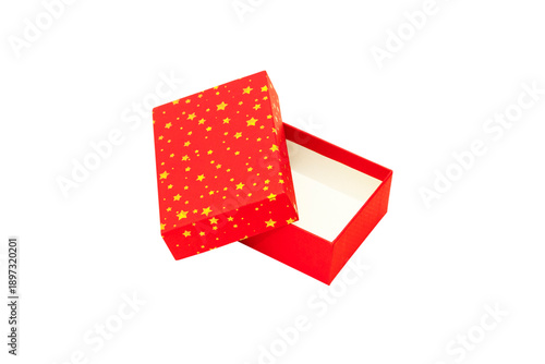 A Red Gift Box with Gold stars is Isolated White Background Cutout