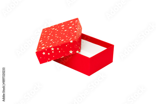 A Red Gift Box with Gold stars is Isolated White Background Cutout