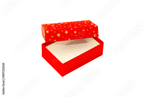 A Red Gift Box with Gold stars is Isolated White Background Cutout