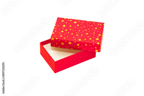 A Red Gift Box with Gold stars is Isolated White Background Cutout