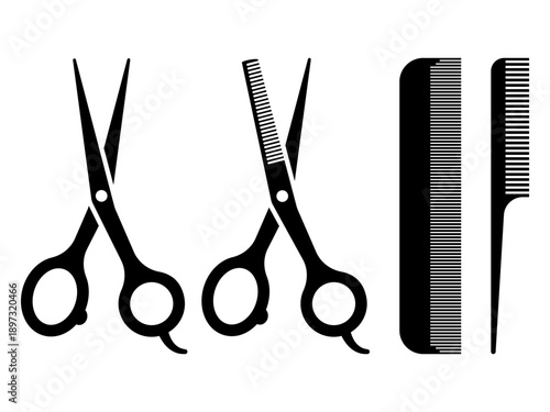Professional barber and hair stylist tool set on white background. Scissors, thinning shears, and combs silhouette vector icon collection for barber shop branding, beauty salon logos