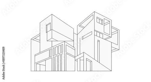A modern architectural illustration of a building complex in a minimalist line art style