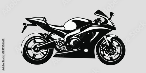 Stylized black and white illustration of a modern sport motorcycle in profile