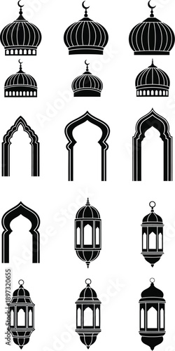 Modern architectural silhouettes of Islamic domes and mosque archways
