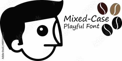 Stylized face graphic with coffee beans and mixed case playful typography