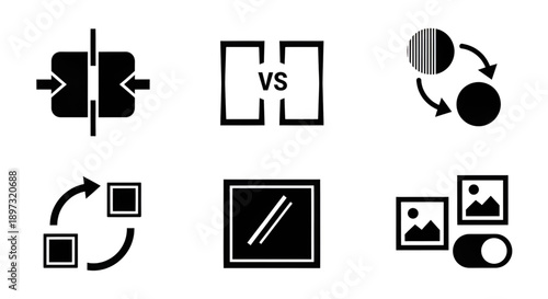 Dynamic icons for comparison, transformation, image manipulation, and media display options.