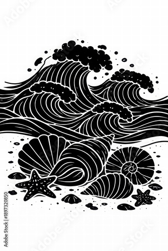 Wallpaper Mural Black and White Waves with Seashells Design Torontodigital.ca