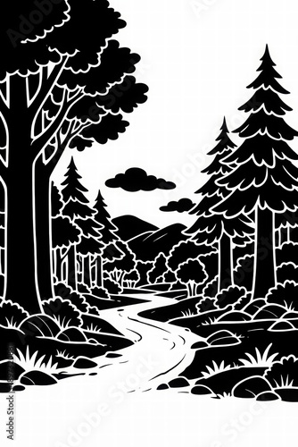 Wallpaper Mural Black and White Forest Scene with Stream and Mountains Torontodigital.ca