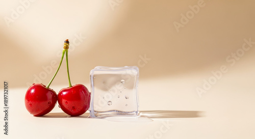 Two cherries leaning on clear ice cube, freshness and coolness contrast for beverage branding and summer advertising visuals