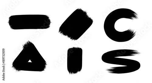 Black paint brush stroke and textured ink shape set for artistic design