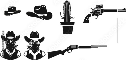 Wild west cowboy silhouettes set, western hat revolver cactus rifle bandit outlaw symbols, vintage frontier illustration, black icons isolated