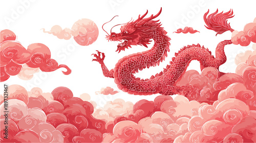 Red Dragon Soaring Through Fiery Clouds In Fantasy Scene.