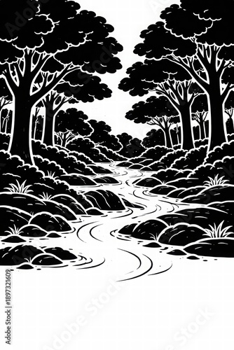 Serene Black and White Forest Stream Illustration