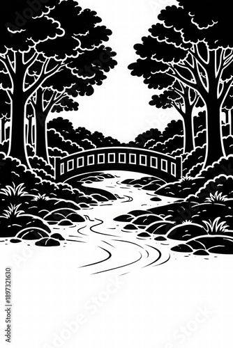 Serene Bridge in Forest Landscape Illustration