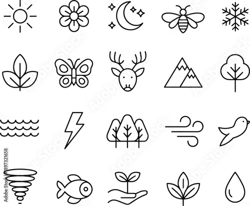 Linear vector icon set of nature and weather elements for concepts of environment ecology outdoors wildlife seasons climate change and minimalist organic branding