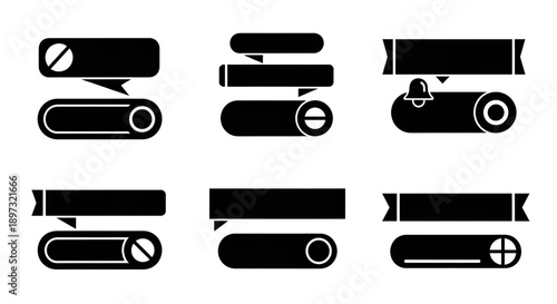 Functional set of six black silhouette user interface elements resembling modern toggle switches or buttons.