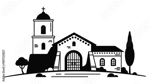 A black and white illustration of a church with a bell tower