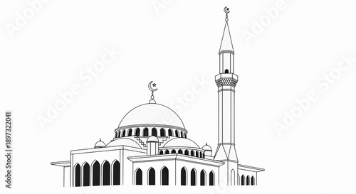 A minimalist black and white vector illustration of a mosque with a dome and minaret