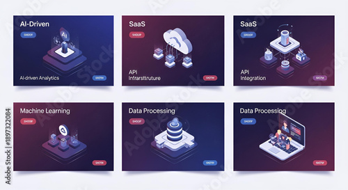 AI and SaaS data processing technology isometric presentation slides