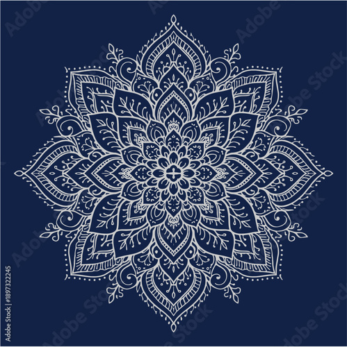 Serene Blue and Silver Mandala Ornamental Round Pattern for Meditation and Spiritual Yoga Design